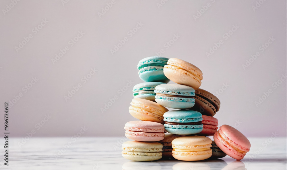 Wall mural A stack of macarons sits on a marble countertop, ready for a sweet treat