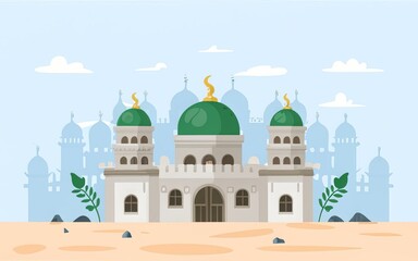 illustration featuring a crescent moon in the night sky above a mosque background image generative ai