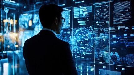 Fototapeta premium A bank employee demonstrating AI for fraud detection, with holographic visuals showcasing data analysis and suspicious transaction tracking.