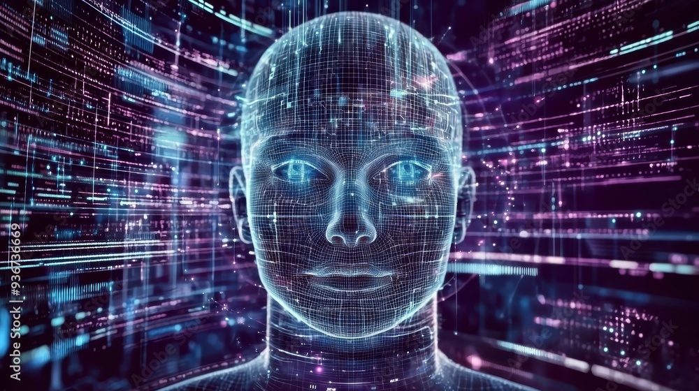 Poster a holographic ai face surrounded by vibrant data streams, symbolizing the power of ai in technology 