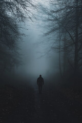 Fototapeta premium foreboding man walking on a dark forest