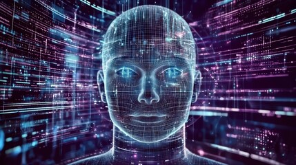 A holographic AI face surrounded by vibrant data streams, symbolizing the power of AI in technology and business