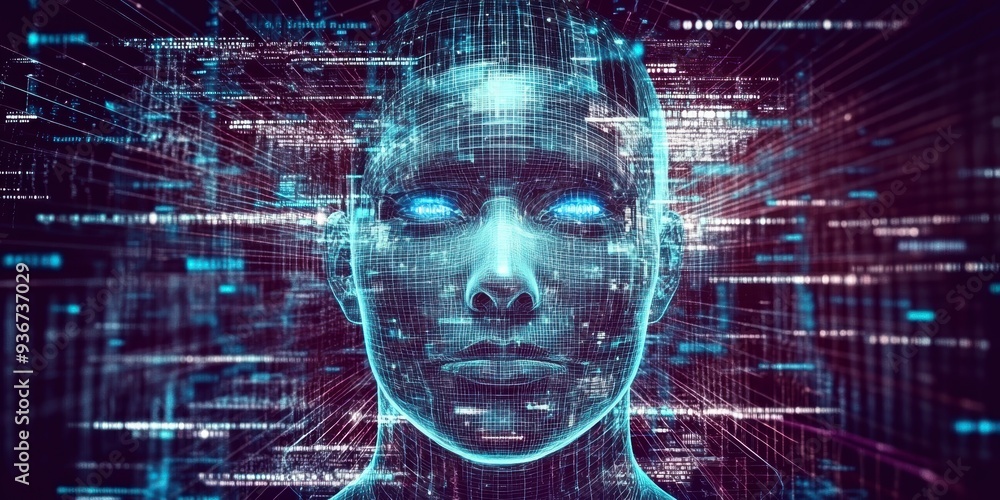 Poster a holographic ai face surrounded by vibrant data streams, symbolizing the power of ai in technology 