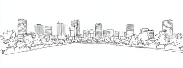Fototapeta premium Building city line one continuous outline single art sketch skyline. City illustration building line silhouette house doodle apartment construction cityscape urban architecture hand background linear.