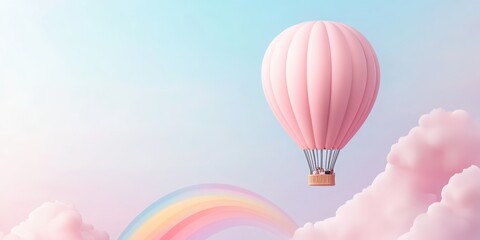 Obraz premium A serene landscape featuring a pink hot air balloon floating above fluffy clouds with a colorful rainbow in the background.