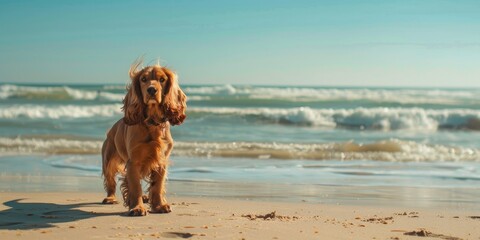 Cocker Spaniel dog standing on the sandy shore near the sea