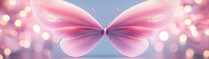Fototapeta premium A delicate pink butterfly with soft translucent wings against a dreamy background of sparkles and light.