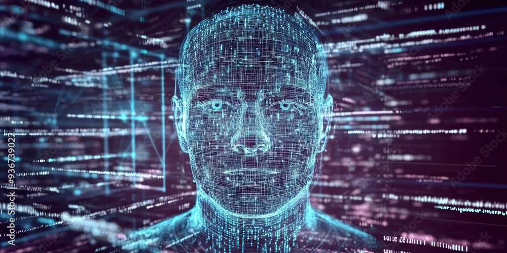 Poster a holographic ai face surrounded by vibrant data streams, symbolizing the power of ai in technology 