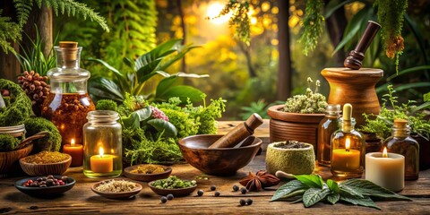 Earth-toned sanctuary combines lush greenery and meditative ambiance with ancient herbal remedies, enhanced by modern medicine, for a holistic approach to wellness and relaxation.