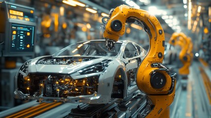 Robotic assembly line in a modern car factory - generative ai