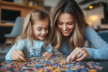 Fototapeta premium A joyful afternoon of puzzle-solving between a mother and her daughter in a cozy living room