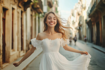 Naklejka premium A joyful girl in a flowing white dress dances freely on a charming cobblestone street beneath a warm sunset glow