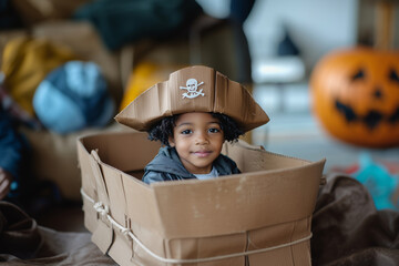 A young child engages in imaginative pirate role play inside a cardboard box in a cozy indoor setting during a festive gathering