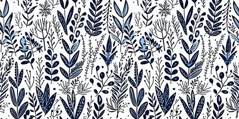 Blue rustic Christmas patterned seamless border background for frosty design texture. Fabric effect banner over foliage and snowy element seasonal backdrop repeat ribbon trim. 