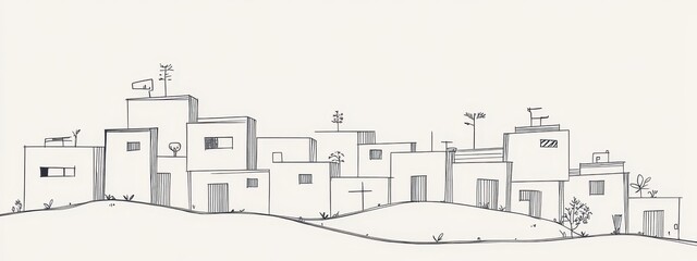 Naklejka premium Building city line one continuous outline single art sketch skyline. City illustration building line silhouette house doodle apartment construction cityscape urban architecture hand background linear.