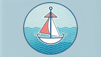 Stylized minimalist illustration of a sailboat and anchor on a circular background with subtle waves, perfect for nautical-themed designs and summer vibes.