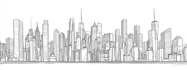 Fototapeta premium Building city line one continuous outline single art sketch skyline. City illustration building line silhouette house doodle apartment construction cityscape urban architecture hand background linear.