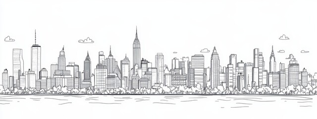 Naklejka premium Building city line one continuous outline single art sketch skyline. City illustration building line silhouette house doodle apartment construction cityscape urban architecture hand background linear.