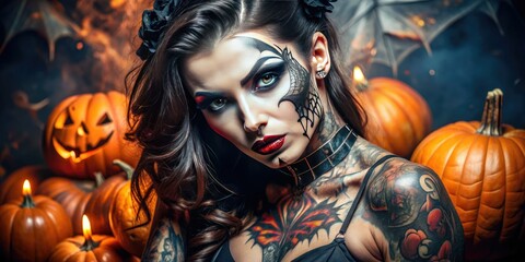 Sultry woman with vibrant tattoos and eerie makeup poses seductively in a stunning black dress, exuding mystique and dark glamour in a Halloween setting.