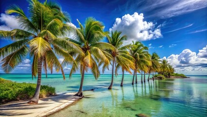 Obraz premium Sun-kissed palm trees sway along the turquoise coastline, showcasing Florida's picturesque beaches, clear waters, and vibrant tropical landscape under a bright blue sky.