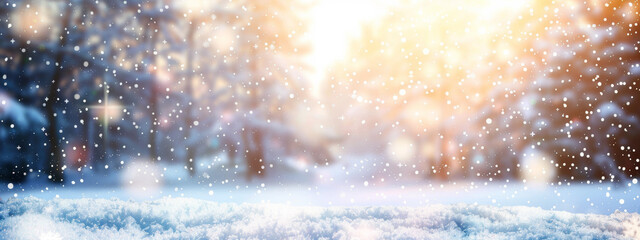 Snow Christmas festive holiday background with bokeh lights and copy space for text, a winter scene with falling white snowflakes on the ground, a winter banner template