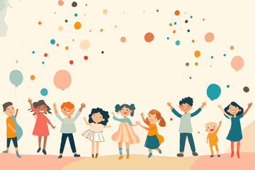 Illustration of Diverse Group of Happy Children Celebrating with Balloons and Confetti, Emphasizing Cultural Exchange and Inclusive Community Activities