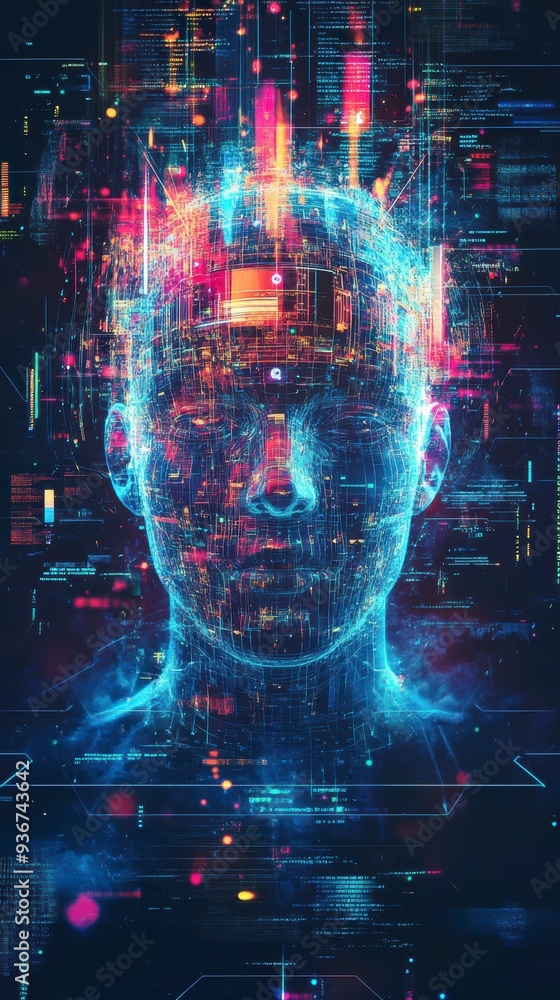 Poster a holographic ai face surrounded by vibrant data streams, symbolizing the power of ai in technology 