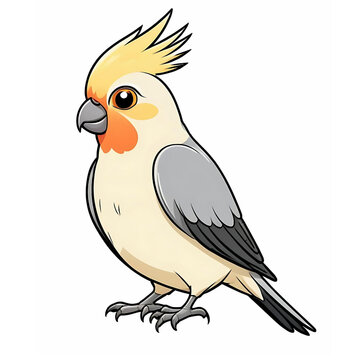 recommend clip art: Perched cockatiel bird cartoon illustration on white background, exotic house pet bird clip art element design