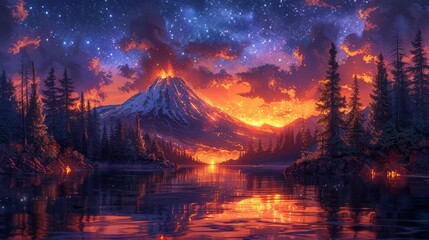 Lava-filled mountain erupting at night - generative ai