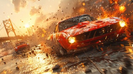 High-speed car chase with explosions on a bridge - generative ai