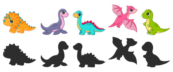 Different types of dinosaurs and their silhouettes. Vector cartoon illustration