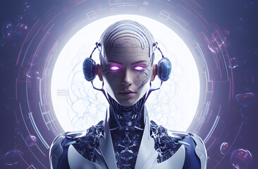 Cyborg female cyborg with headphones listening to music 