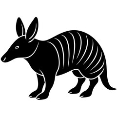 A black and white silhouette of an armadillo on white
