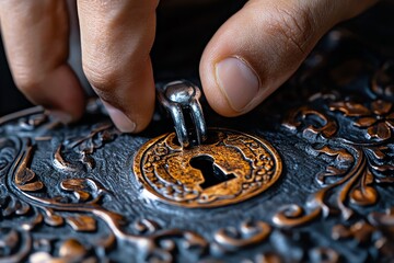 A close-up of a hand gently grasping a decorative lock on an intricate box, showcasing craftsmanship and detail.
