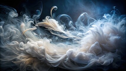 Swirling clouds of white smoke dance against a dark background, creating an ethereal, dreamlike atmosphere with soft, wispy tendrils and delicate, feathery textures.