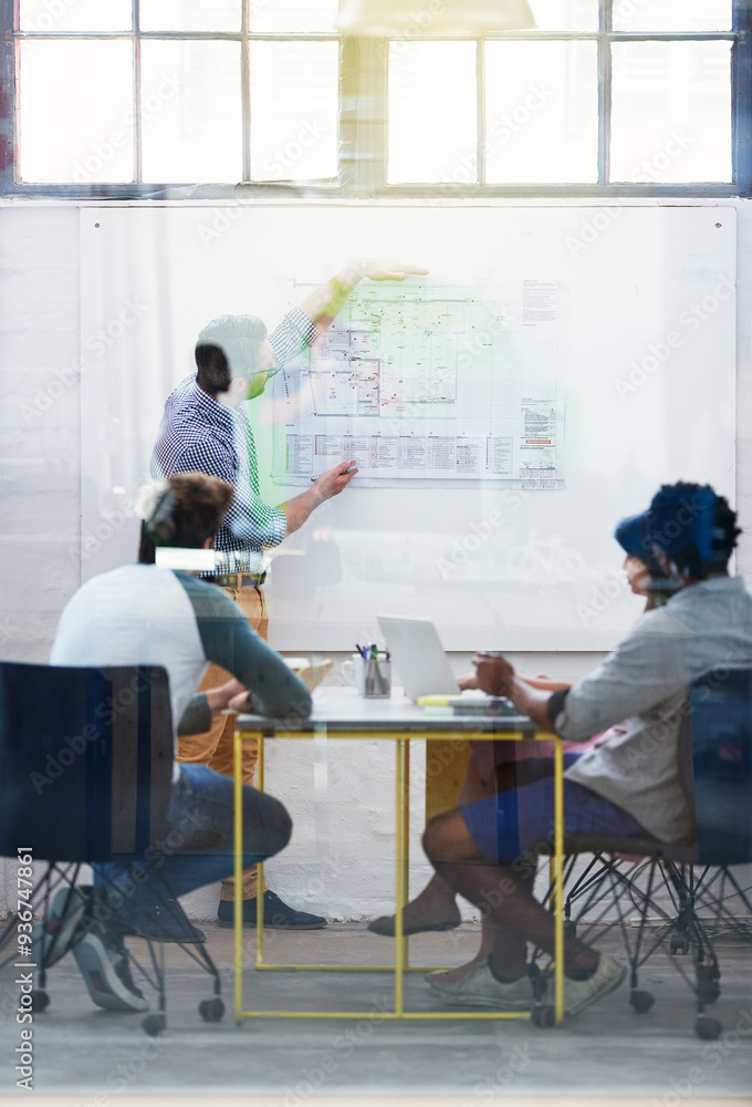 Poster architecture, leader or team in presentation for floor plan, meeting or startup project management. 