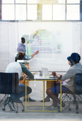Architecture, leader or team in presentation for floor plan, meeting or startup project management. Glass window, designer or people in office for ideas, business or strategy for urban development