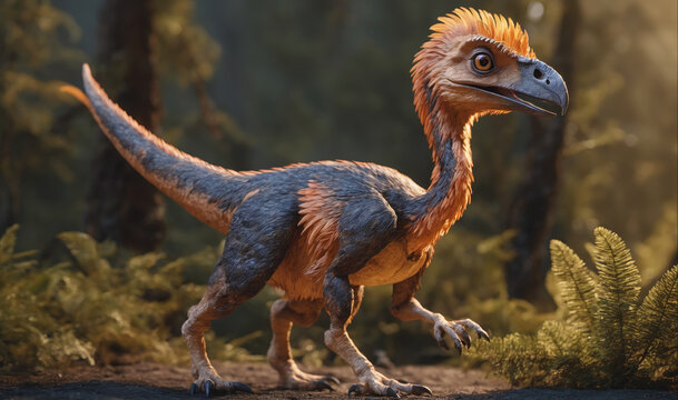 A feathered dinosaur walks through a lush forest