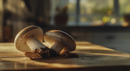 Fresh mushrooms on a wooden surface with warm light celebrating the fall season.