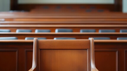 A courtroom scene with a focus on the jury box, courtroom, justice, jury box