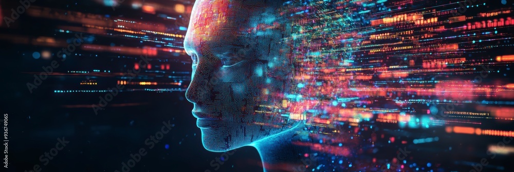 Poster a holographic ai face surrounded by vibrant data streams, symbolizing the power of ai in technology 