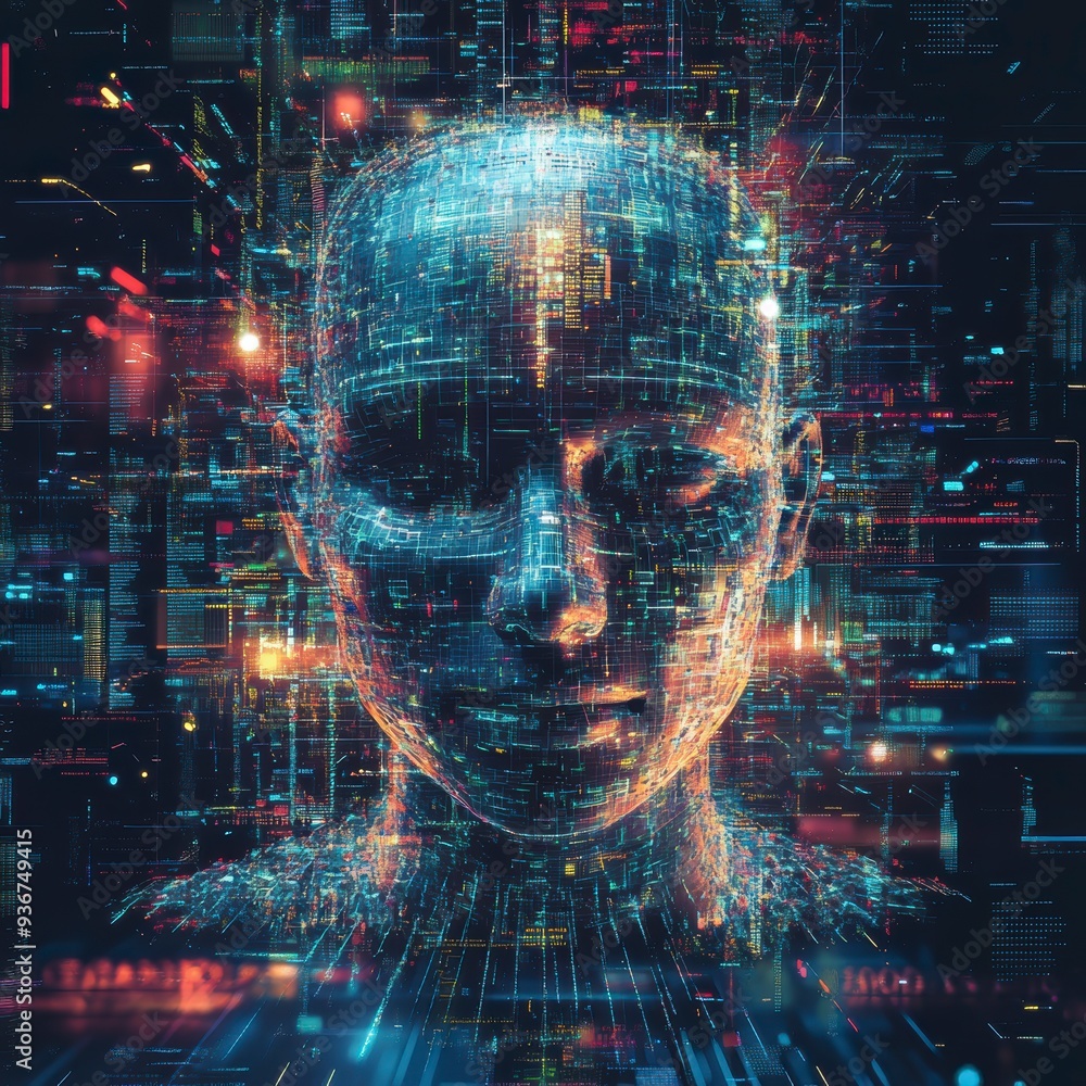 Poster a holographic ai face surrounded by vibrant data streams, symbolizing the power of ai in technology 