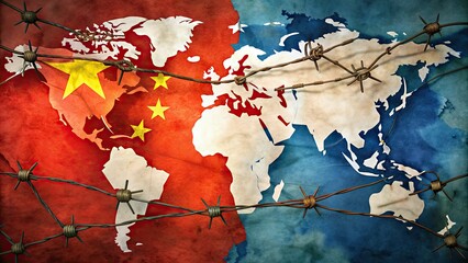 Tense union of Taiwan and China flags merged with barbed wire, set against a faded world map, symbolizing complex geopolitics and conflict in a double-exposure hologram.
