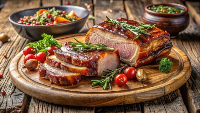 Tender slices of caramelized aged pork belly, garnished with fresh thyme and rosemary, served on a rustic wooden platter with a side of roasted vegetables.