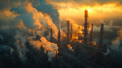 Fototapeta premium Industrial smokestacks at sunset - generative ai