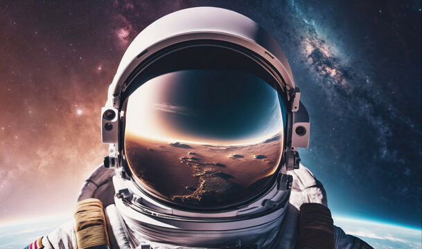An astronaut's helmet reflects a breathtaking view of Earth, with the Milky Way stretching across the vastness of space