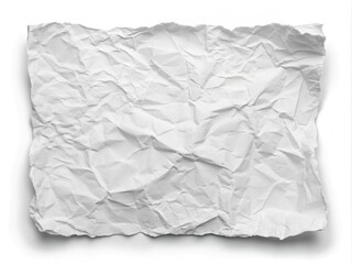 Torn and crumpled white paper with rough edges and curled corners, isolated on a clean white background, providing ample copy space for texts or designs.