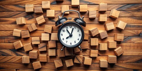 Top view of a black alarm clock surrounded by question marks on a wooden block, symbolizing uncertainty and time pressure in business decision-making.