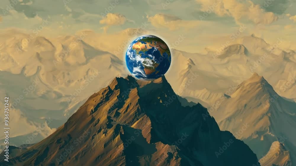 Aufkleber mountain peak with a globe hovering above during a sunset generative ai
