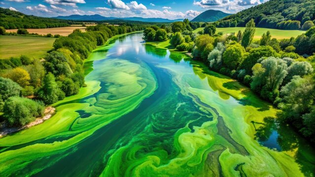 Toxic green river water covered in hazardous cyanobacterium blooms, infested with poisonous phytoplankton, indicative of severe eutrophication and environmental 